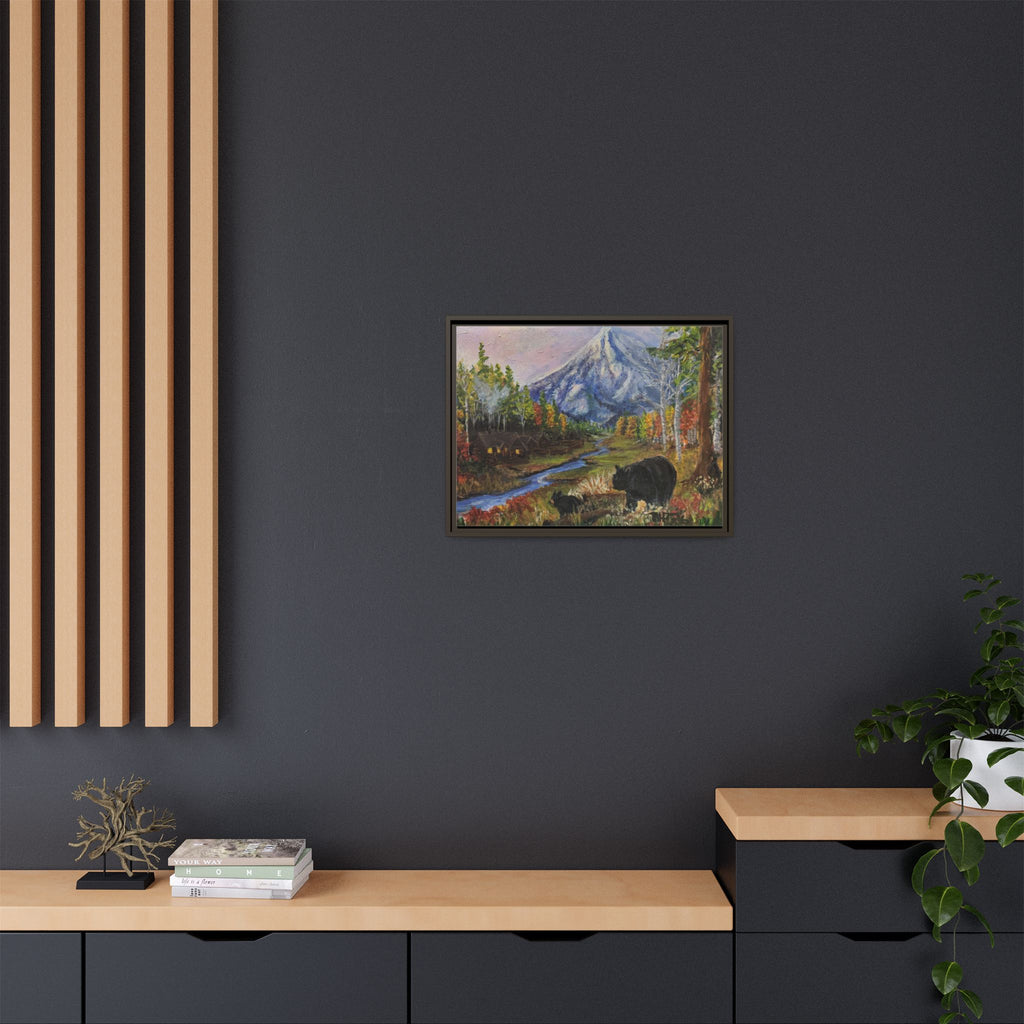 Framed Matte Canvas - Three Bear Stroll  - Mountain Stream with Bears Landscape Wall Art