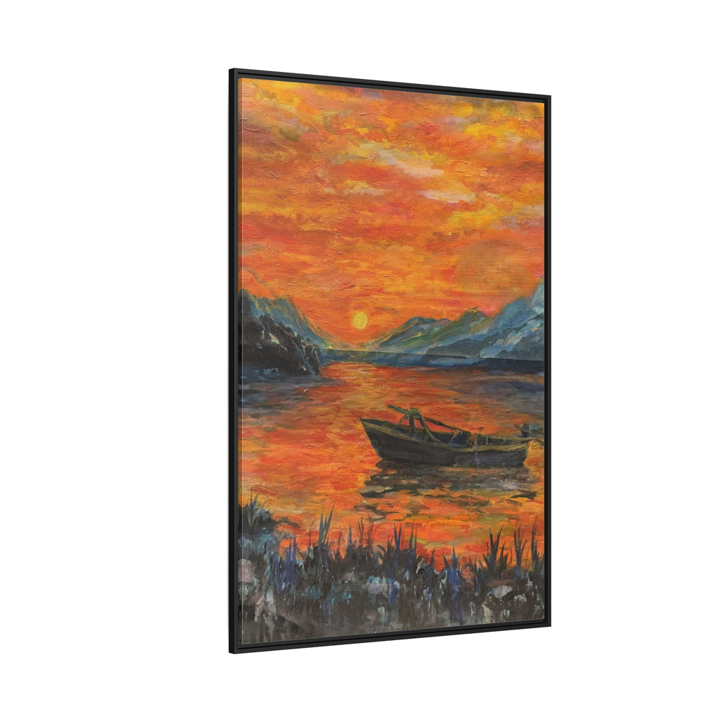 Boat on Sunset Lake Framed Canvas Print of Original — Orange Mountain Lake Wall Art