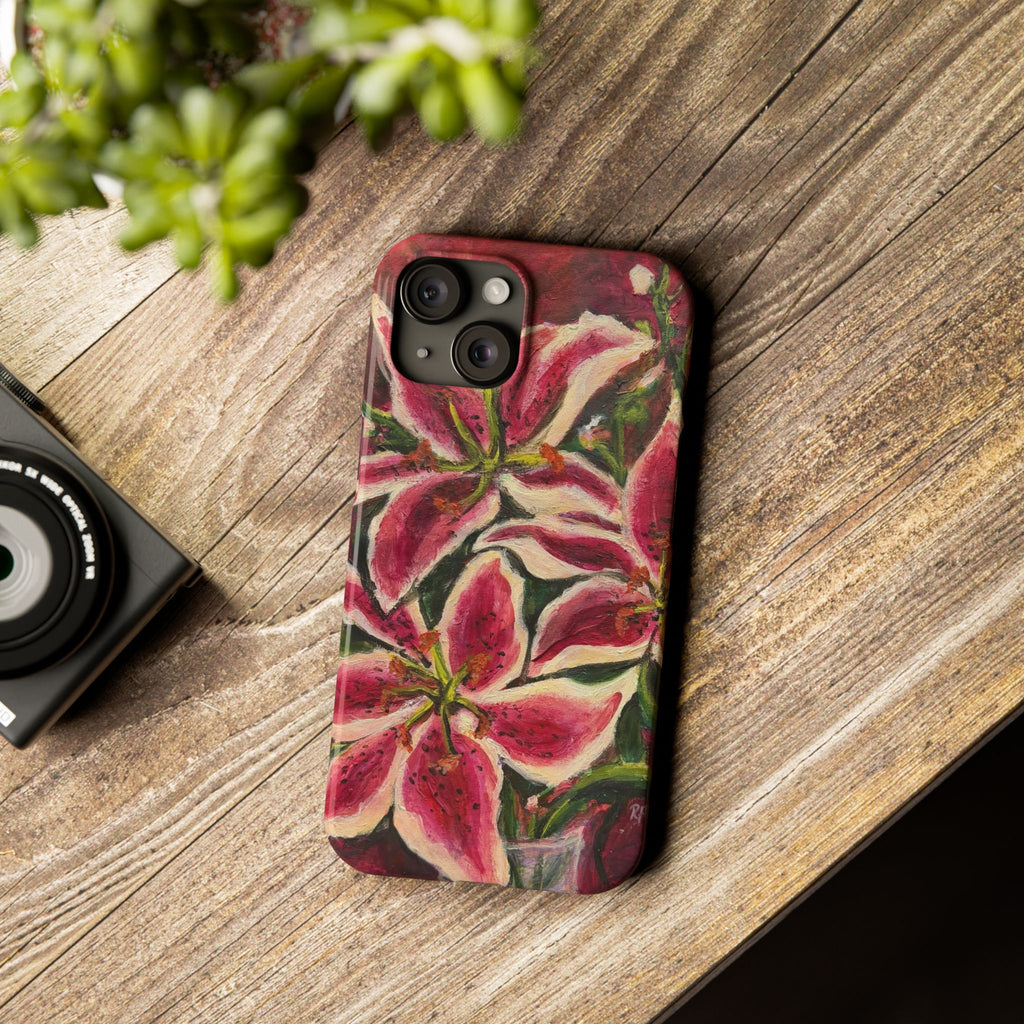 Slim Phone Case — Hand-Painted Pink Lily Floral Design