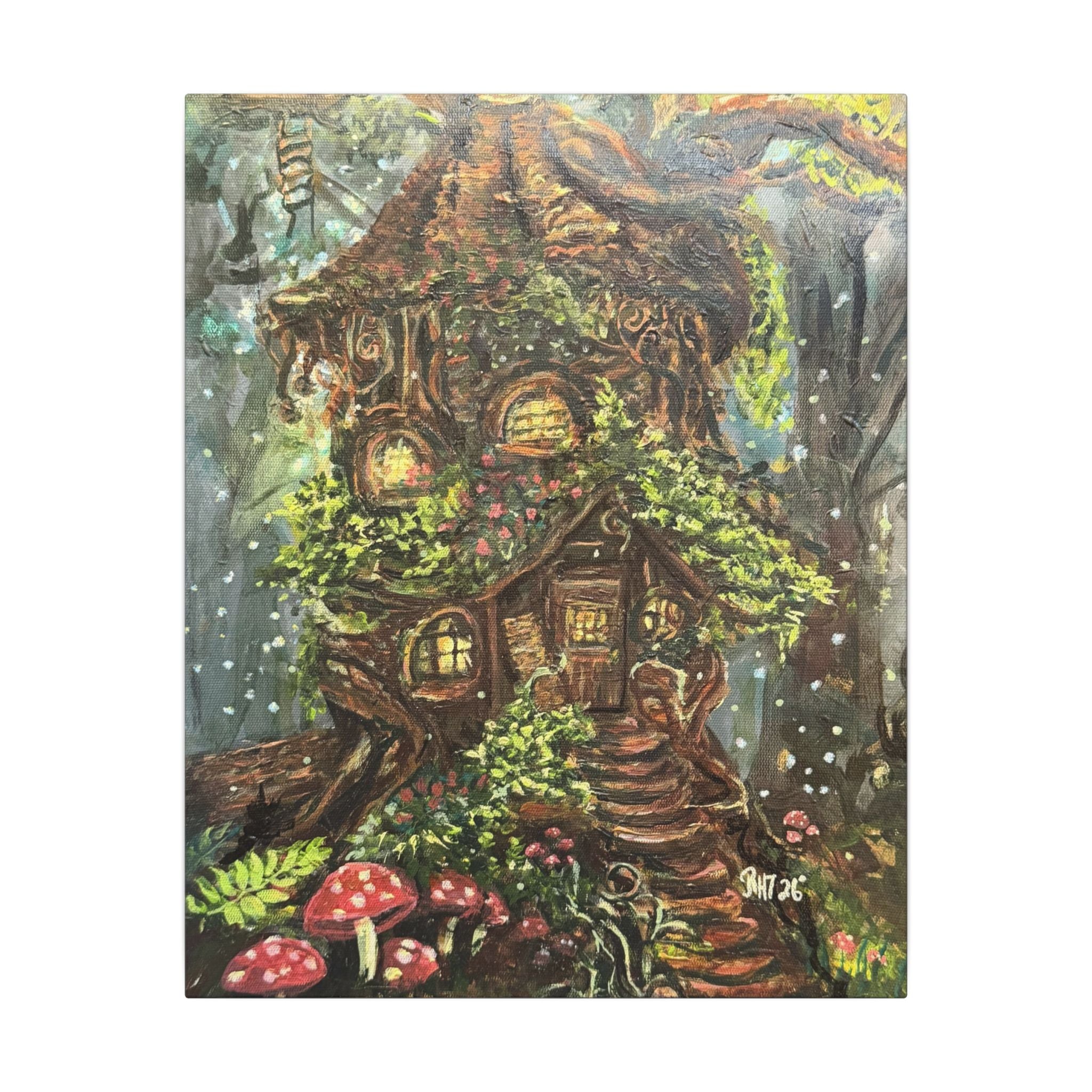 Enchanted Treehouse Canvas Wall Art — Fairy Cottage Woodland Print of Original