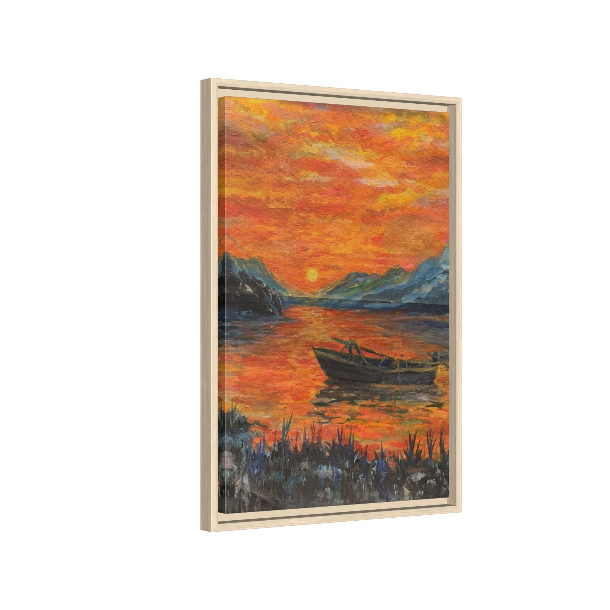 Boat on Sunset Lake Framed Canvas Print of Original — Orange Mountain Lake Wall Art