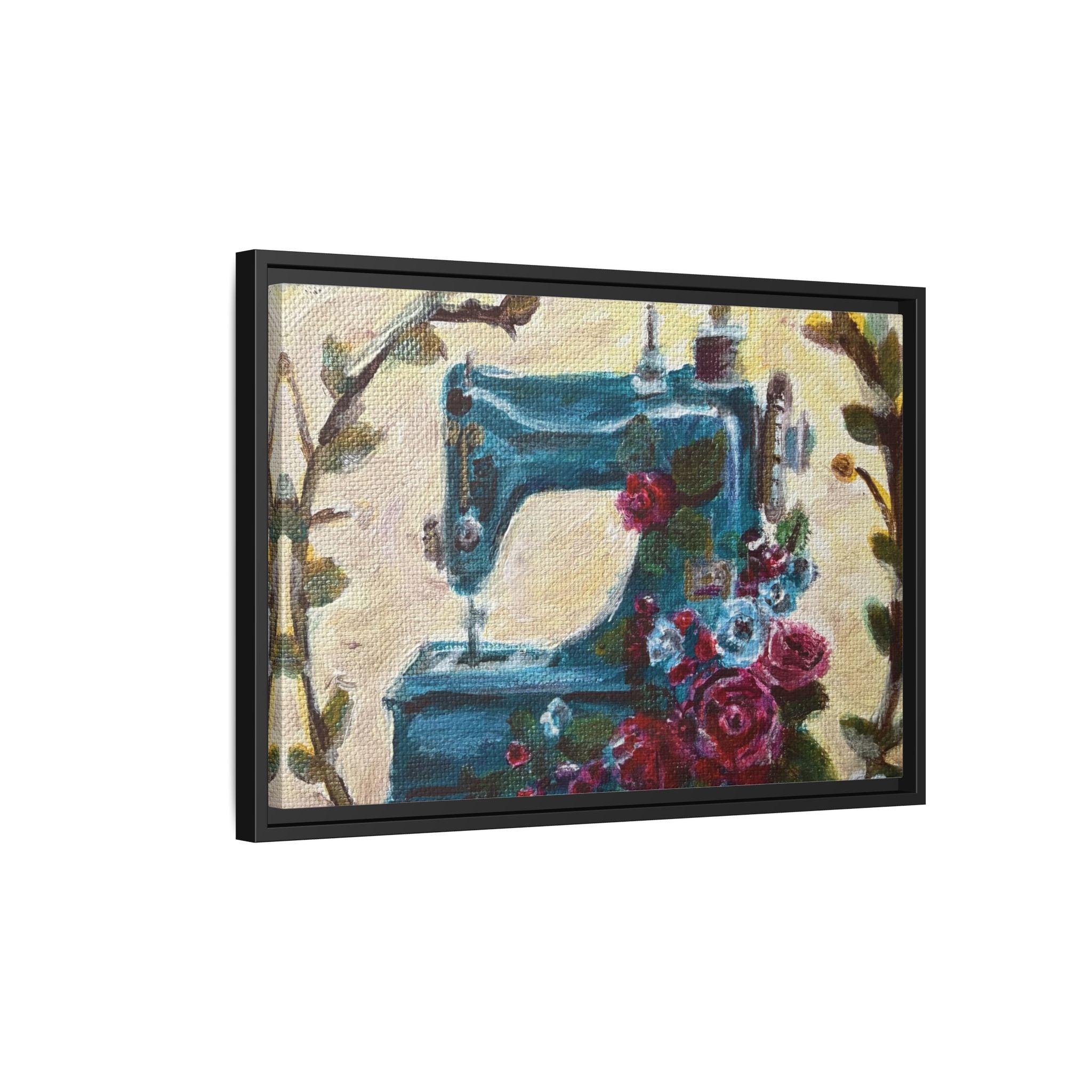 Framed Canvas Wall Art — Vintage Sewing Machine with Roses - Framed Print of the Original Grandma's Sewing Machine