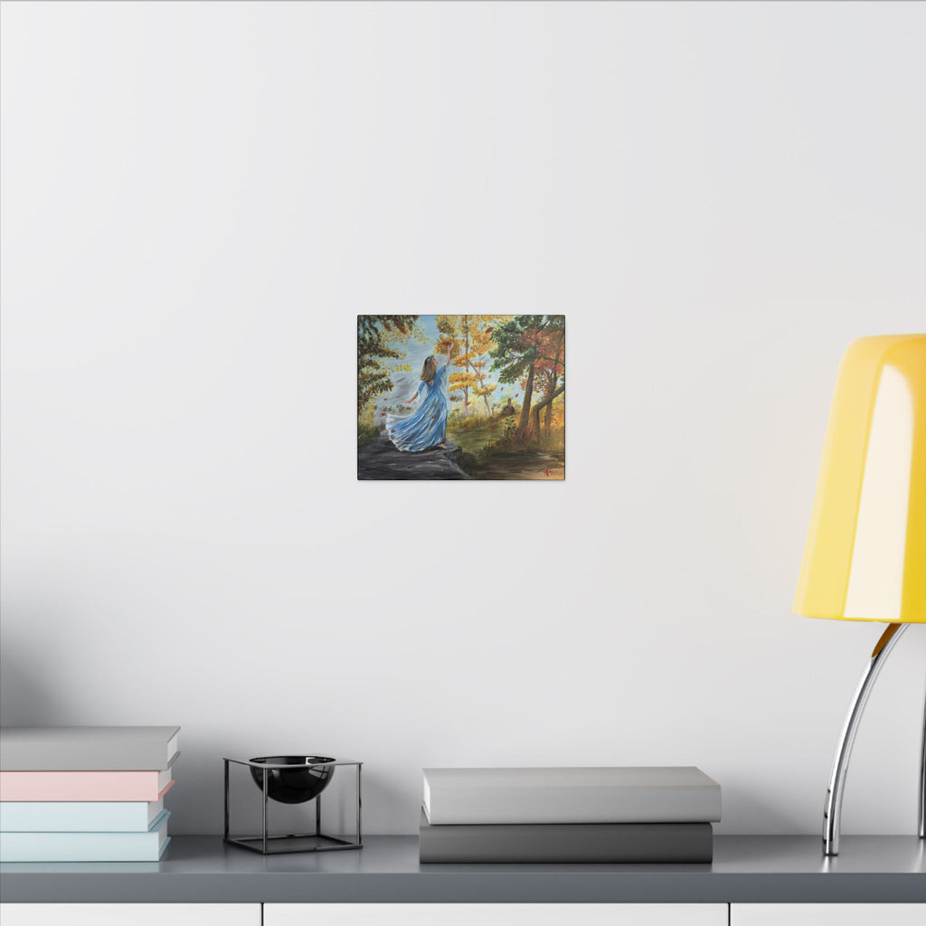 Autumn Breeze Matte Canvas Art Print – Woman in Blue Dress Fall Landscape