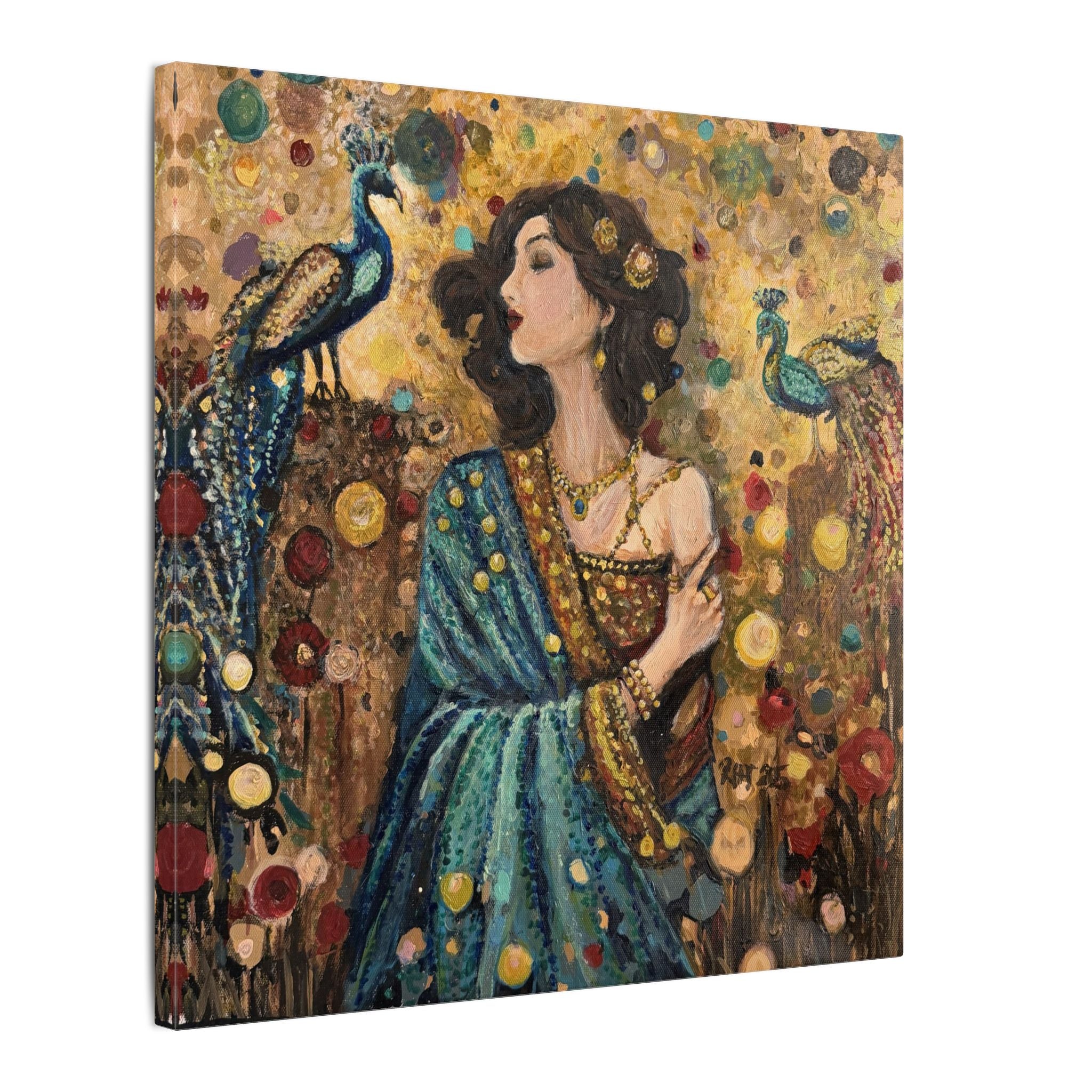 Gilded Peacock Muse Matte Canvas Wall Art  Print of Original— Stretched Decorative Painting