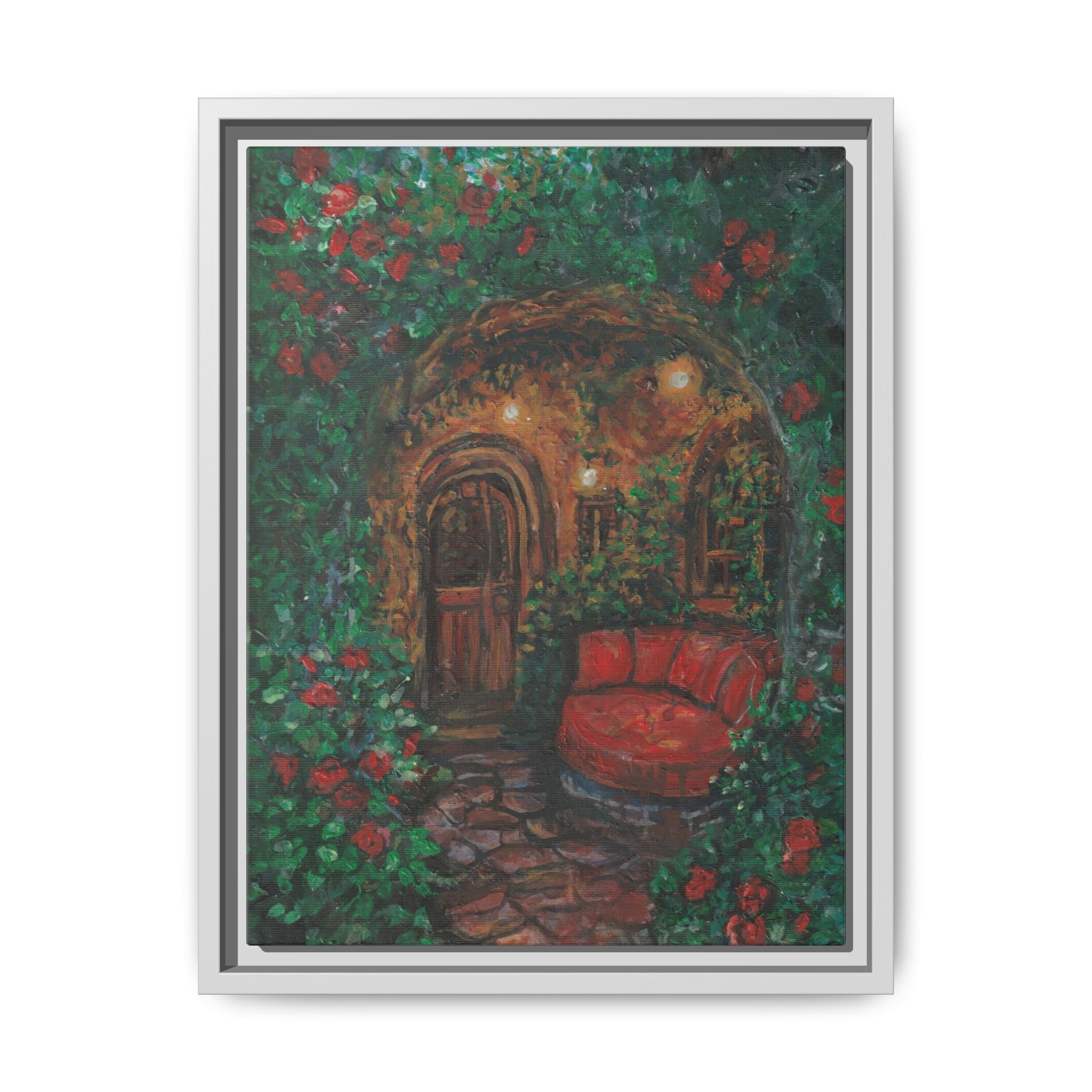Framed Matte Canvas Art – Cozy Garden Doorway with Red Chair Print of Original Hidden Doorway