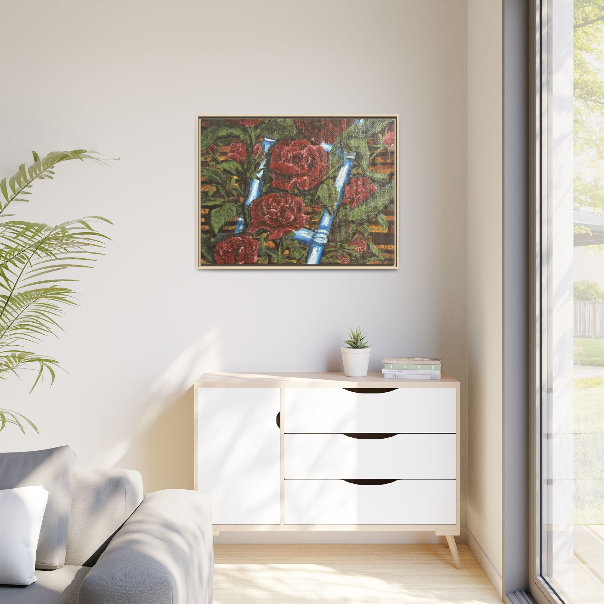 Framed Matte Canvas Art Print of Original Climbing Roses — Red Roses & Blue Ladder Floral Painting