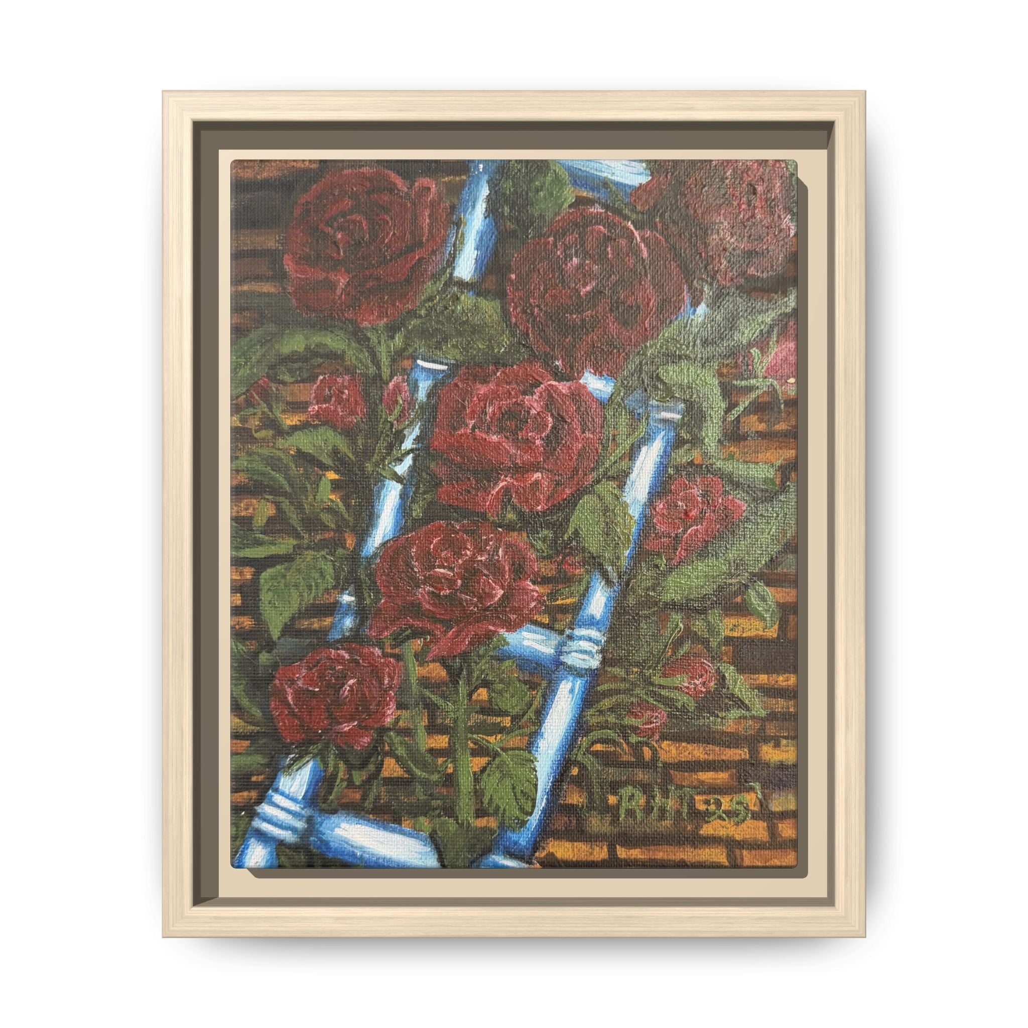 Framed Matte Canvas Art Print of Original Climbing Roses — Red Roses & Blue Ladder Floral Painting
