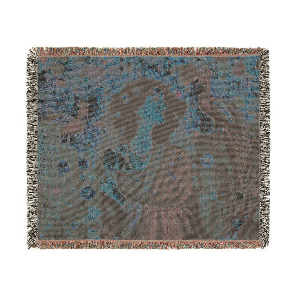 Gustav Klimt-Inspired Tapestry Throw Blanket — Art Nouveau Woman & Peacock Woven Blanket
