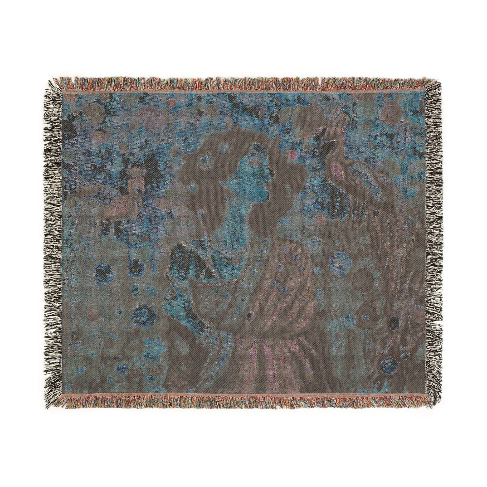 Gustav Klimt-Inspired Tapestry Throw Blanket — Art Nouveau Woman & Peacock Woven Blanket