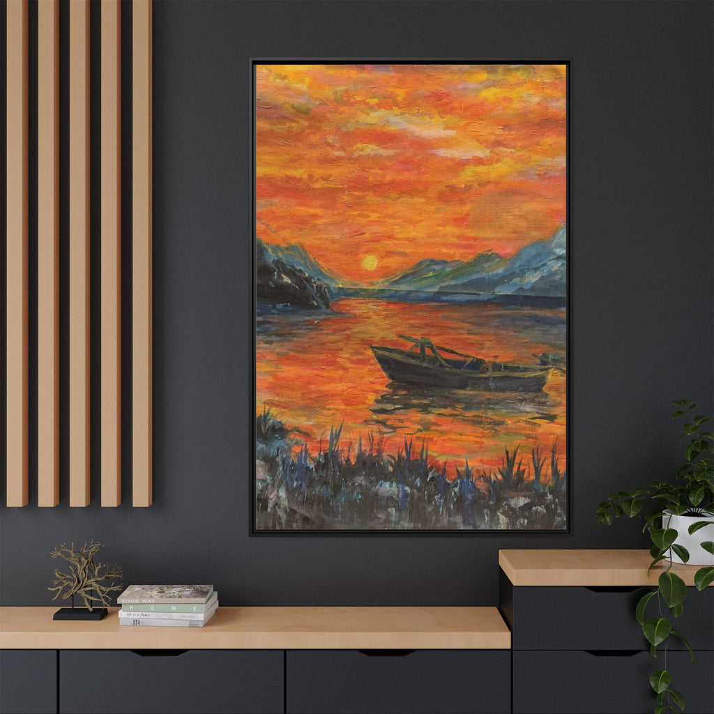 Boat on Sunset Lake Framed Canvas Print of Original — Orange Mountain Lake Wall Art