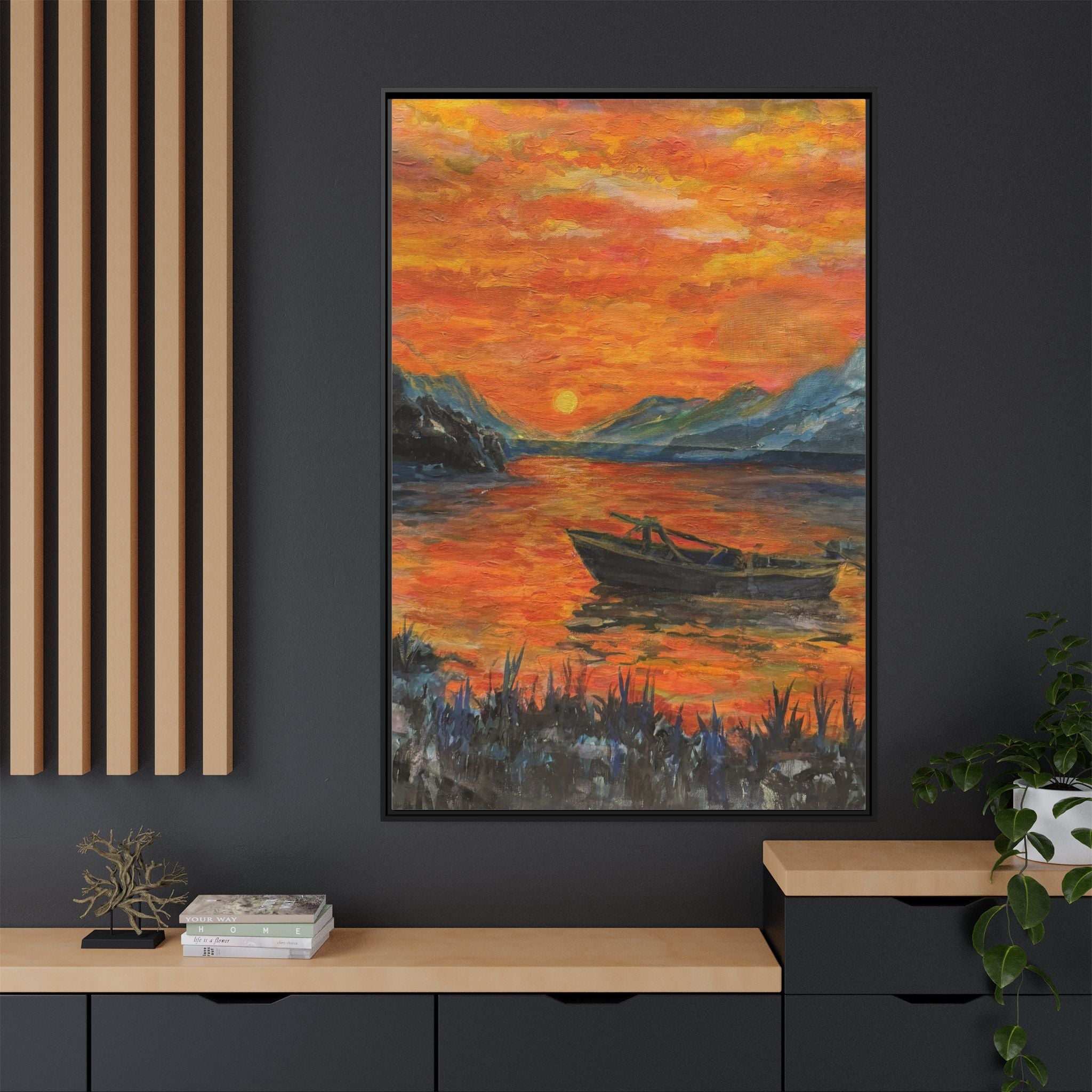 Boat on Sunset Lake Framed Canvas Print of Original — Orange Mountain Lake Wall Art