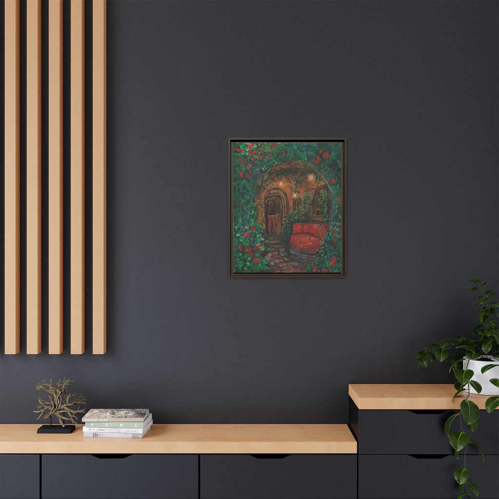 Framed Matte Canvas Art – Cozy Garden Doorway with Red Chair Print of Original Hidden Doorway