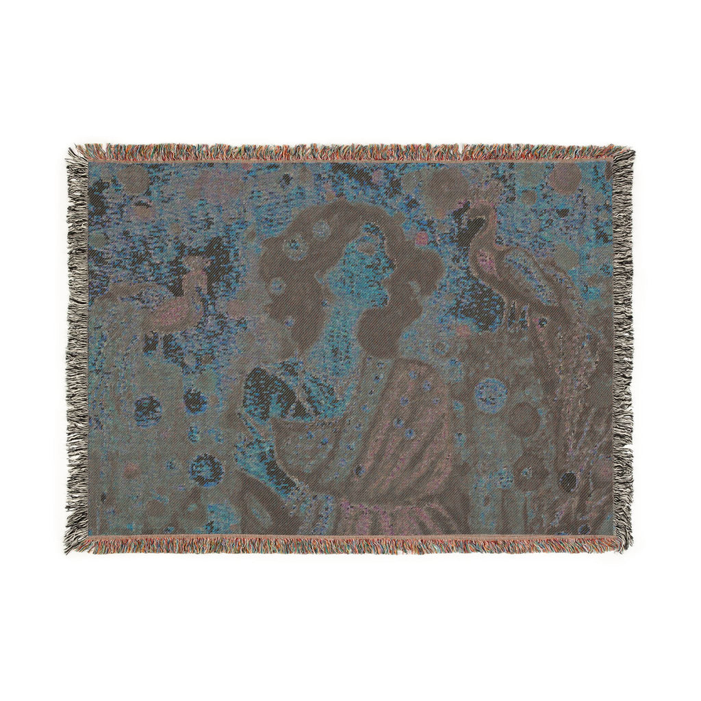 Gustav Klimt-Inspired Tapestry Throw Blanket — Art Nouveau Woman & Peacock Woven Blanket