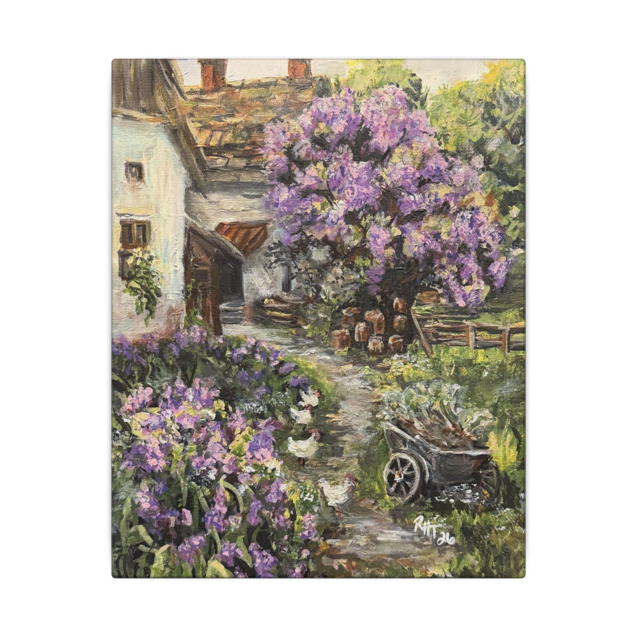 Lavender Cottage Canvas Print — Rustic Spring Garden Wall Art (Matte Stretched)