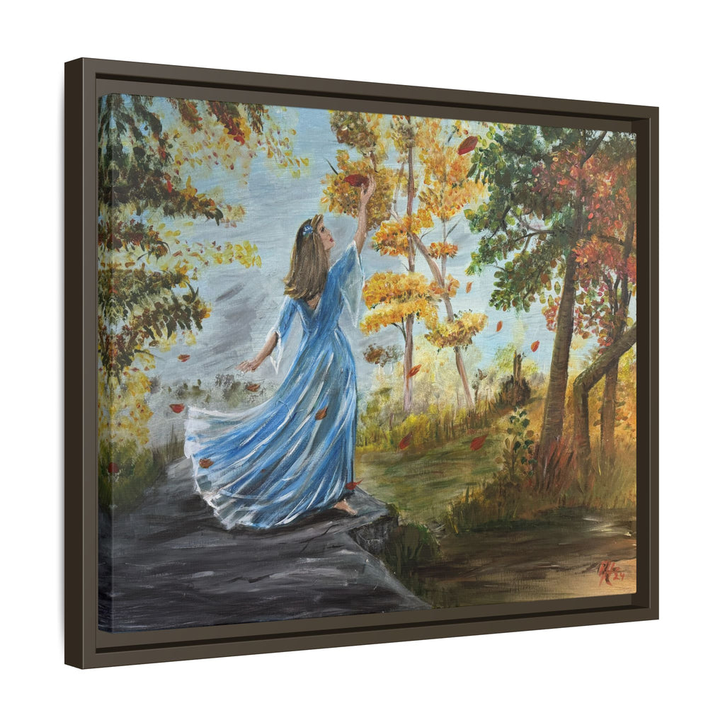 Autumn Breeze Canvas Print — Woman in Blue Dress Framed Wall Art