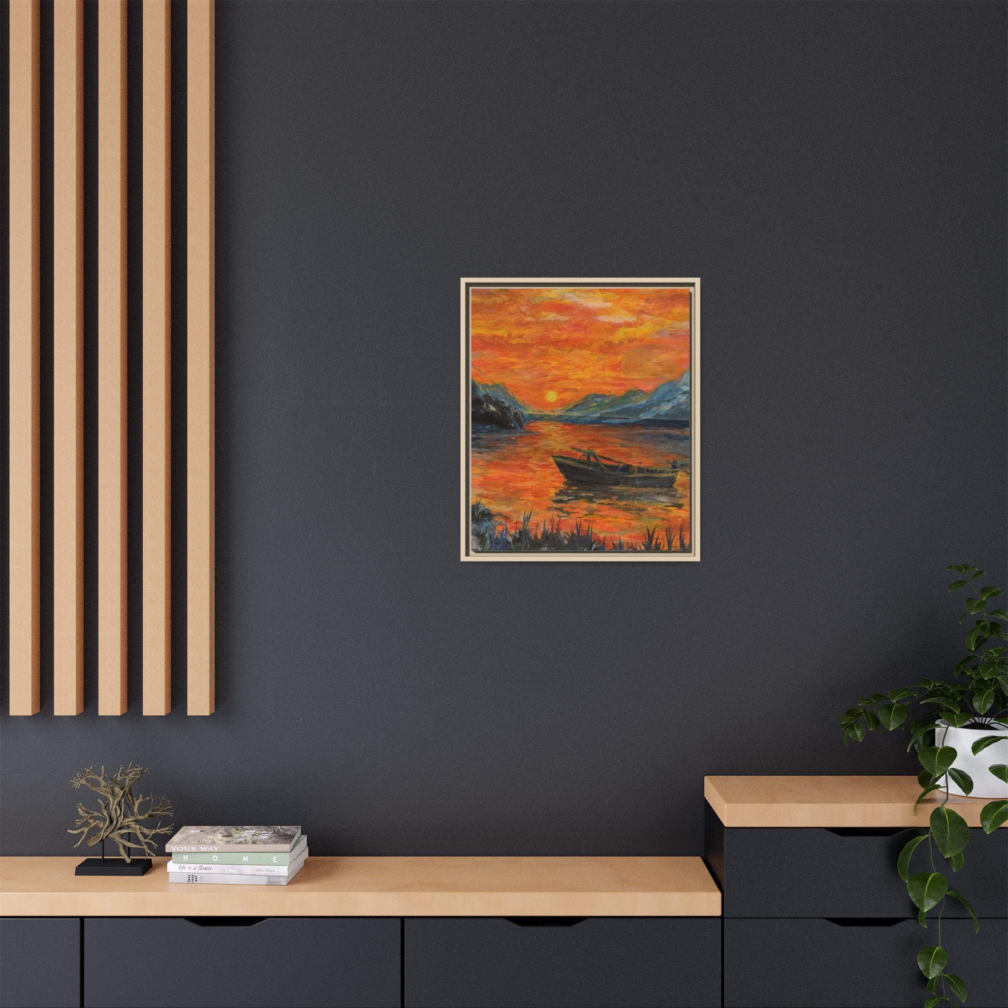 Boat on Sunset Lake Framed Canvas Print of Original — Orange Mountain Lake Wall Art