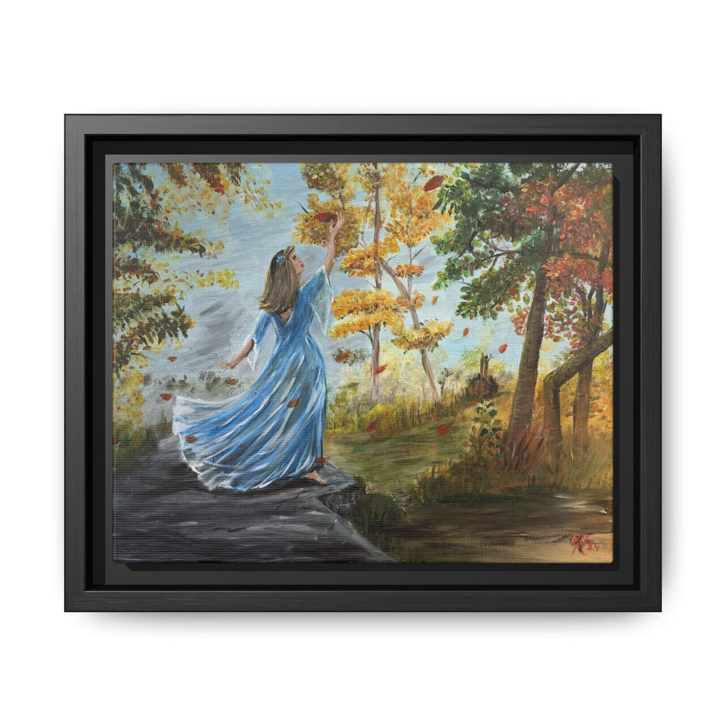 Autumn Breeze Canvas Print — Woman in Blue Dress Framed Wall Art