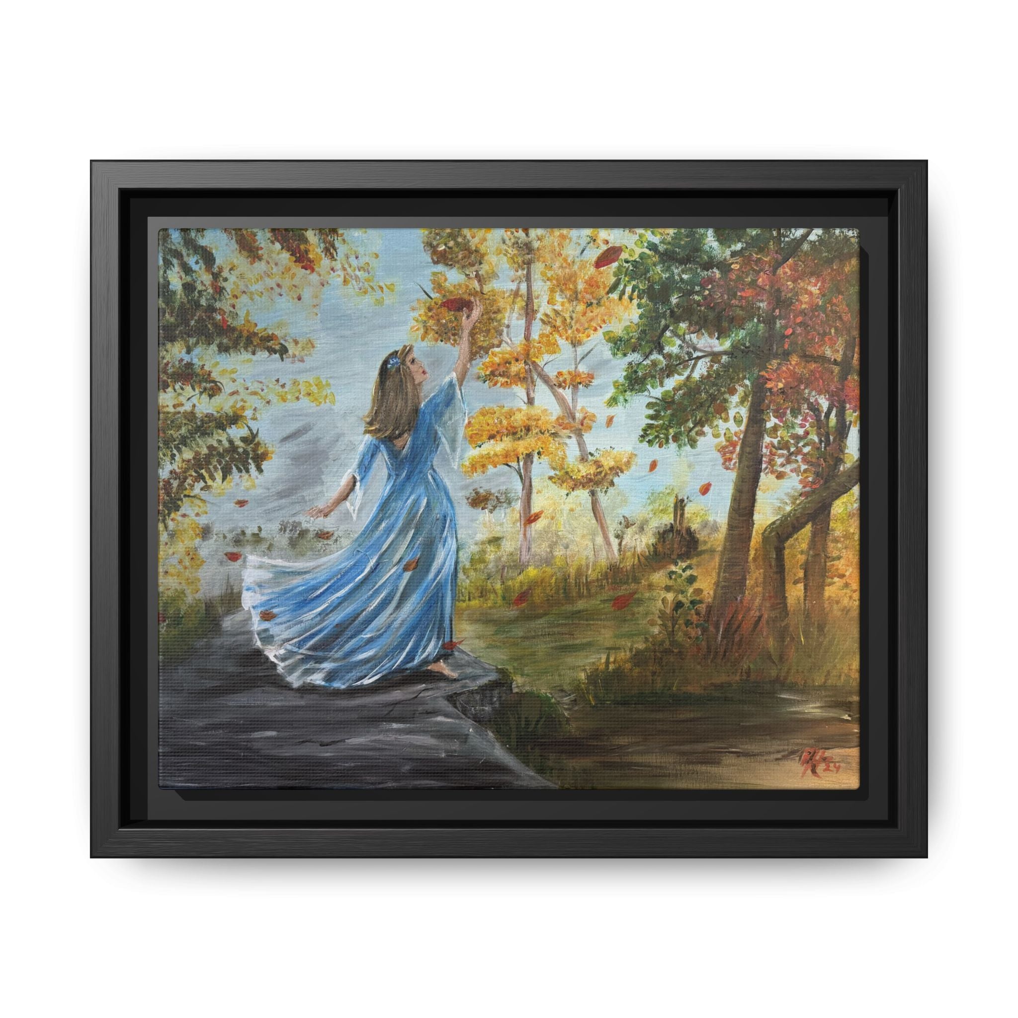 Autumn Breeze Canvas Print — Woman in Blue Dress Framed Wall Art