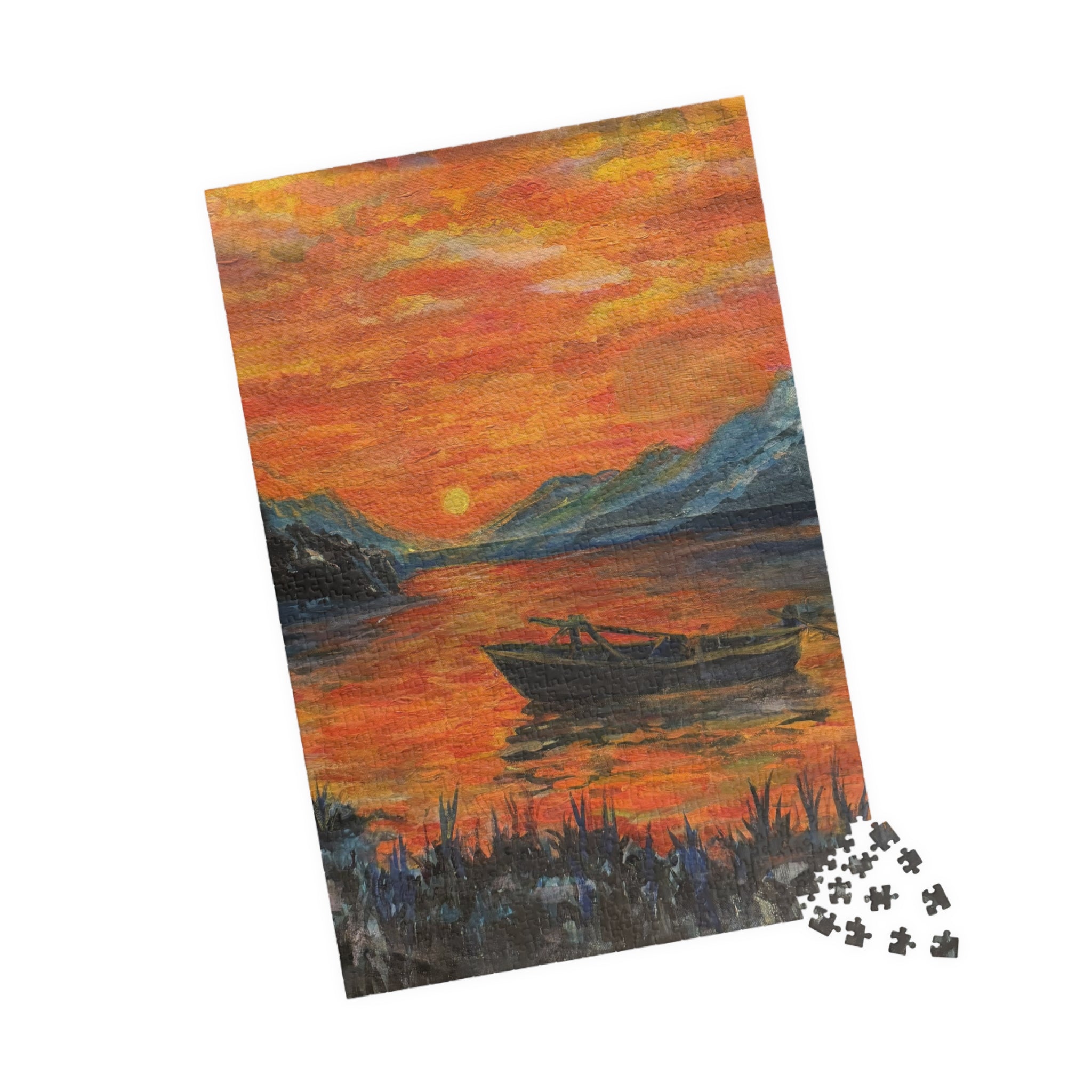 Sunset Lake Puzzle — Scenic Boat Sunset Jigsaw (110/252/520/1014 pcs)