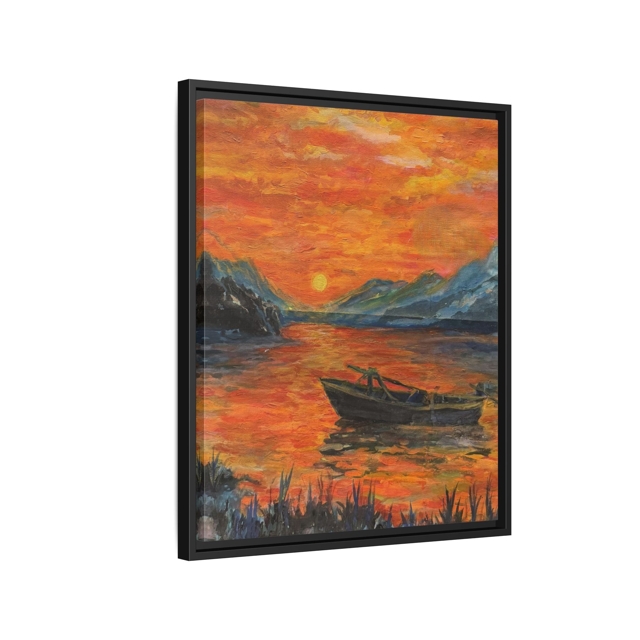 Boat on Sunset Lake Framed Canvas Print of Original — Orange Mountain Lake Wall Art