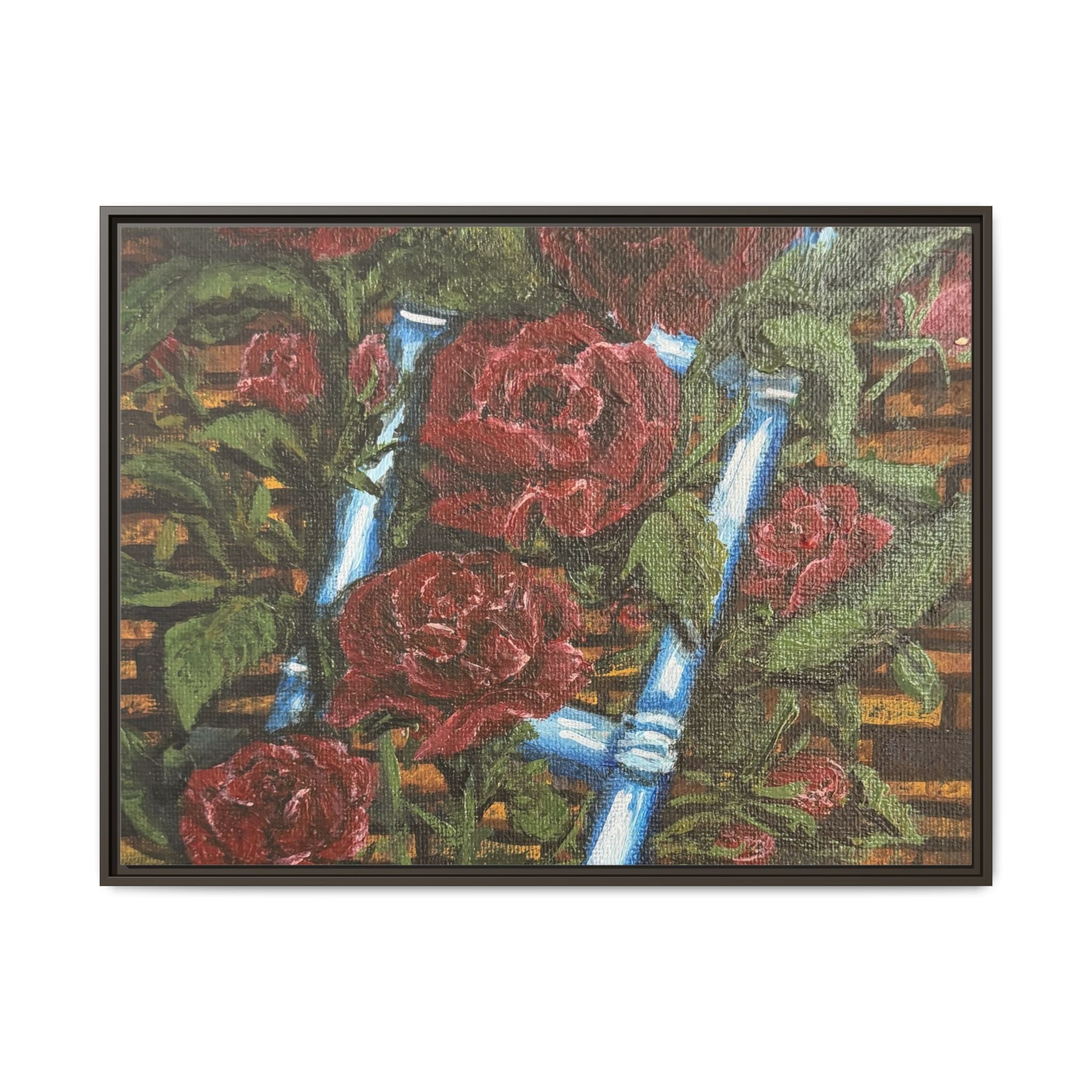 Framed Matte Canvas Art Print of Original Climbing Roses — Red Roses & Blue Ladder Floral Painting