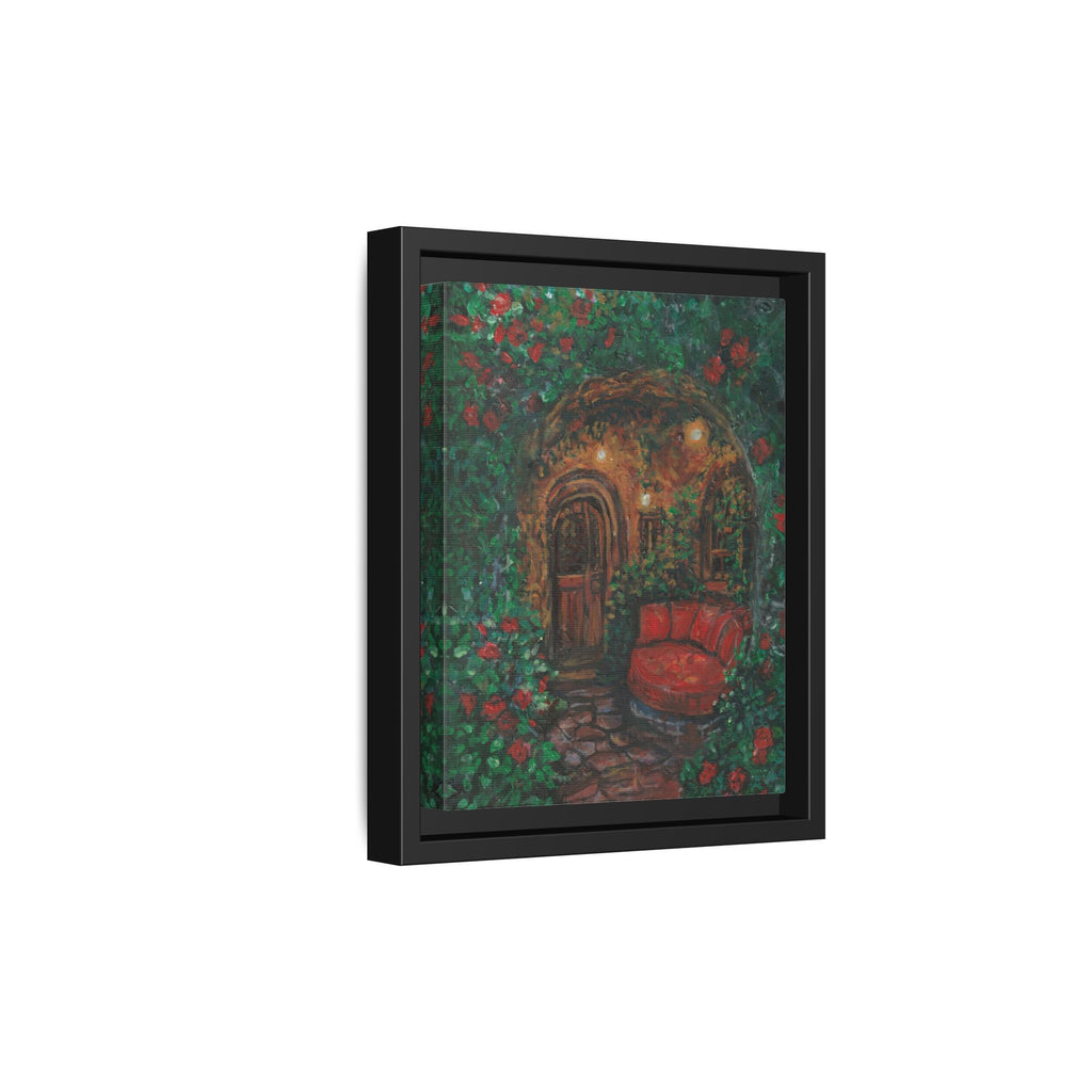 Framed Matte Canvas Art – Cozy Garden Doorway with Red Chair Print of Original Hidden Doorway
