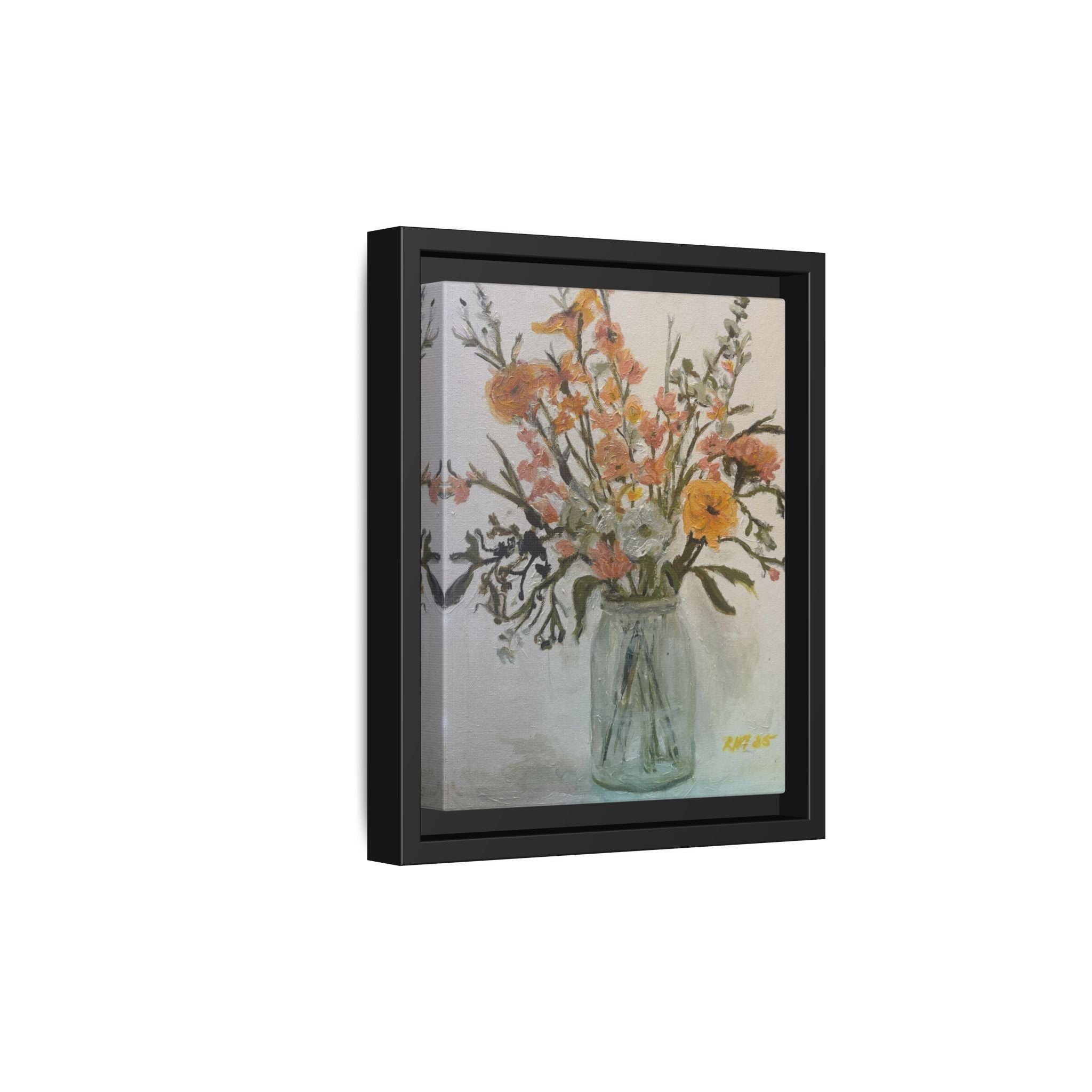 Framed Matte Canvas Art - Flower in Glass Jar Floral Painting Print of Original
