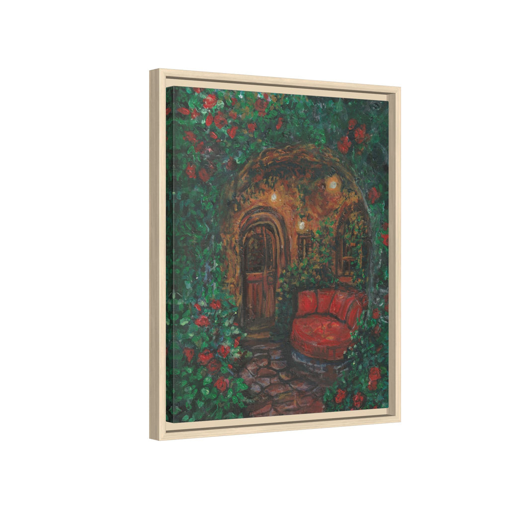 Framed Matte Canvas Art – Cozy Garden Doorway with Red Chair Print of Original Hidden Doorway