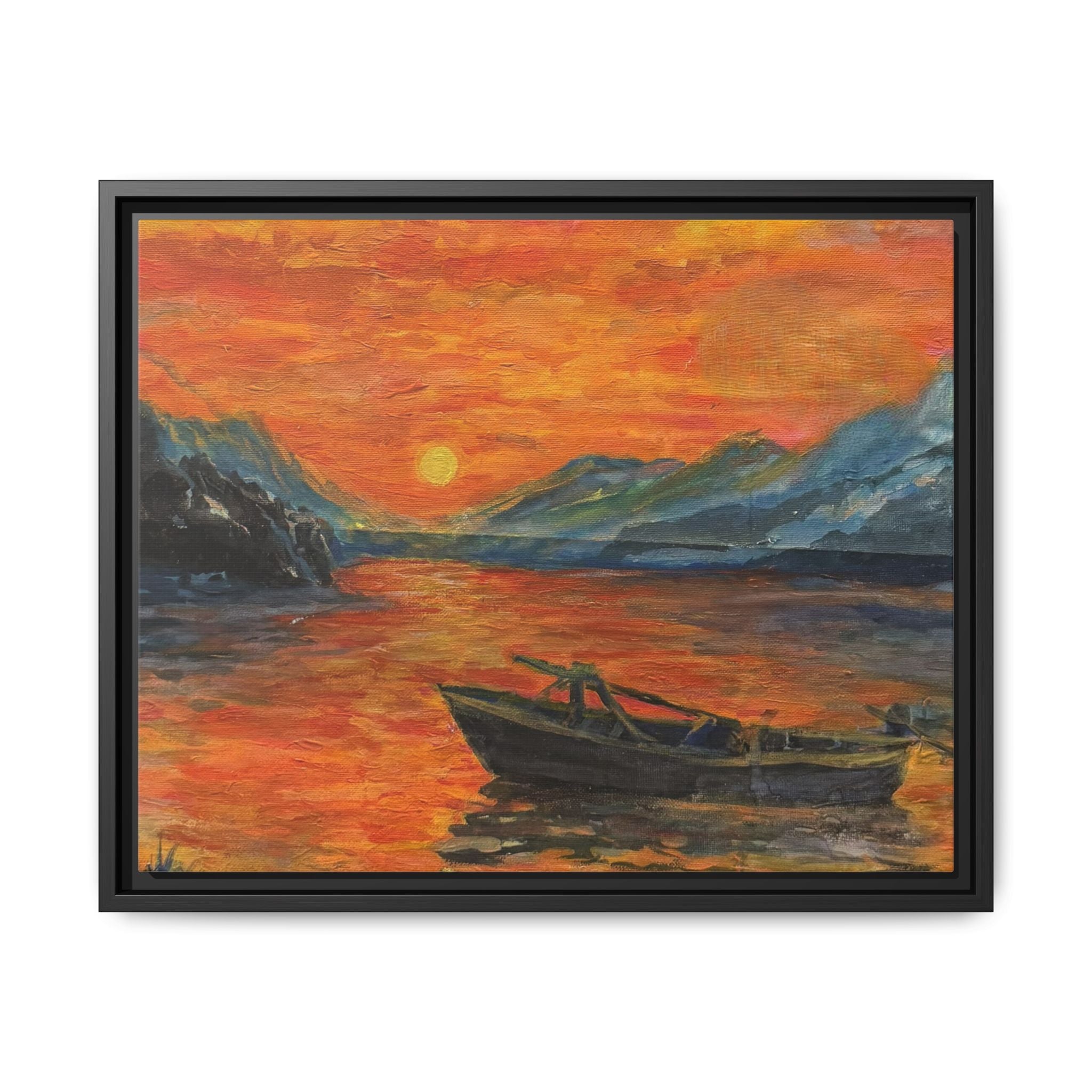 Boat on Sunset Lake Framed Canvas Print of Original — Orange Mountain Lake Wall Art