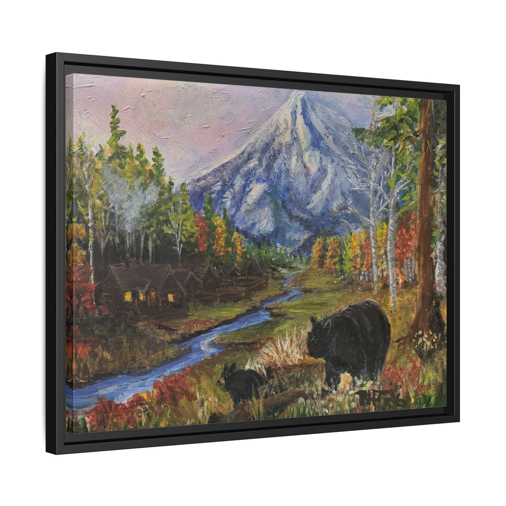 Framed Matte Canvas - Three Bear Stroll  - Mountain Stream with Bears Landscape Wall Art