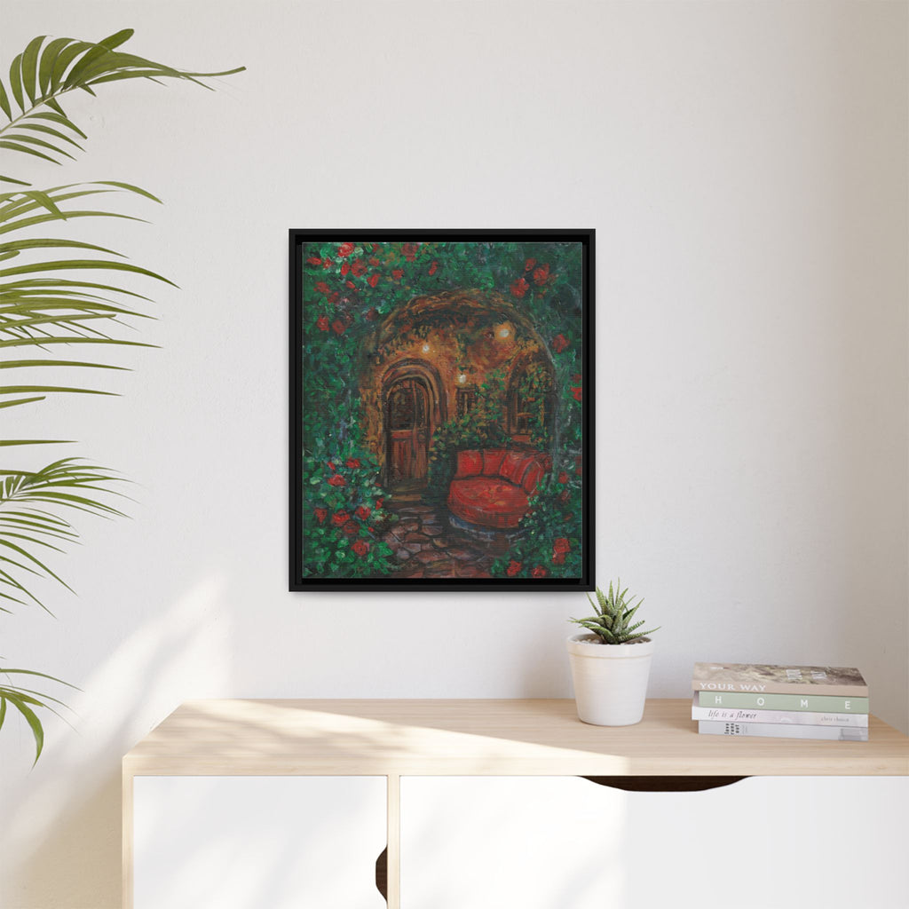 Framed Matte Canvas Art – Cozy Garden Doorway with Red Chair Print of Original Hidden Doorway