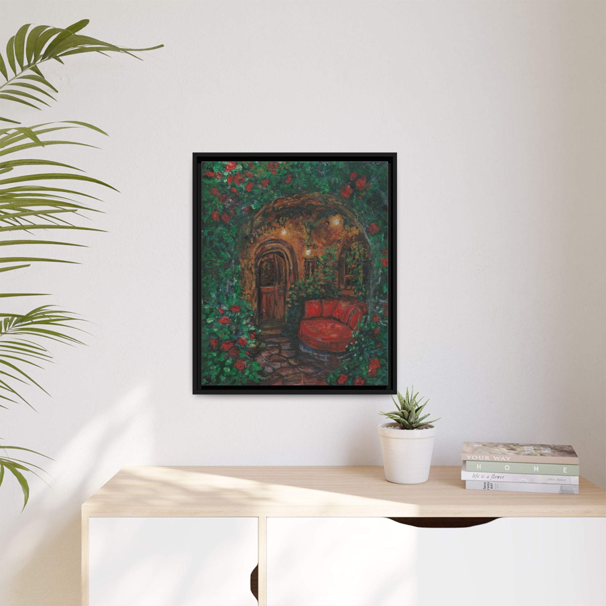 Framed Matte Canvas Art – Cozy Garden Doorway with Red Chair Print of Original Hidden Doorway