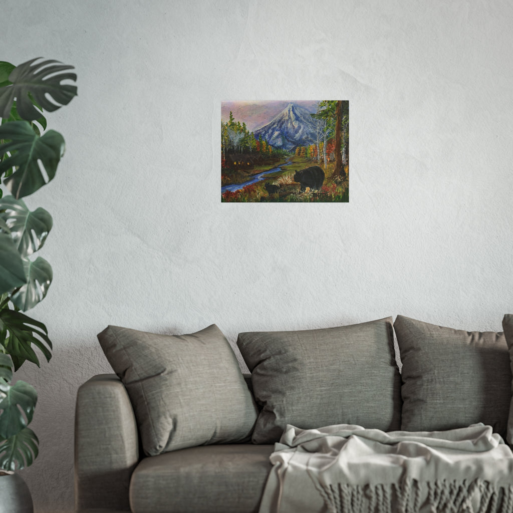 3 Bear Stroll— Bear & Cabin Fine Art Print