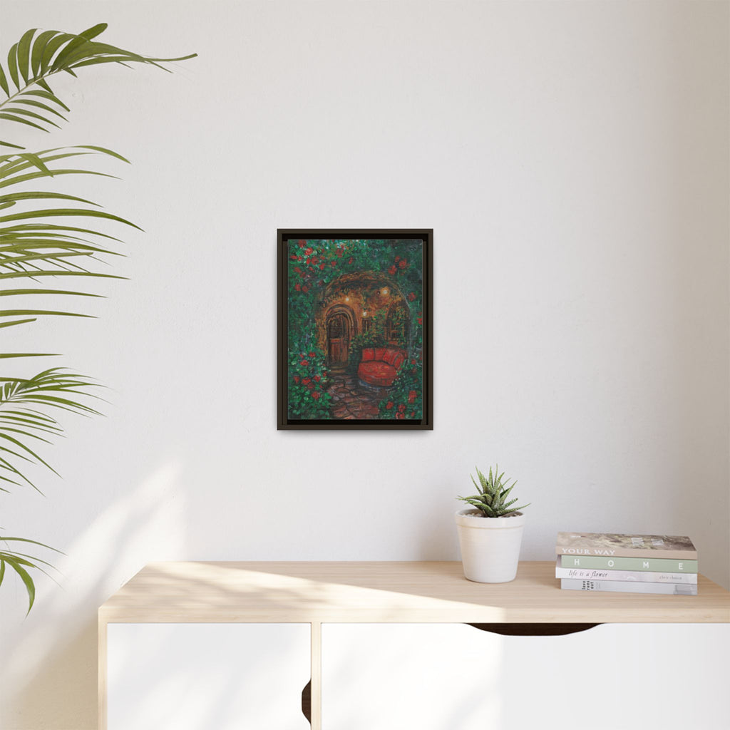 Framed Matte Canvas Art – Cozy Garden Doorway with Red Chair Print of Original Hidden Doorway