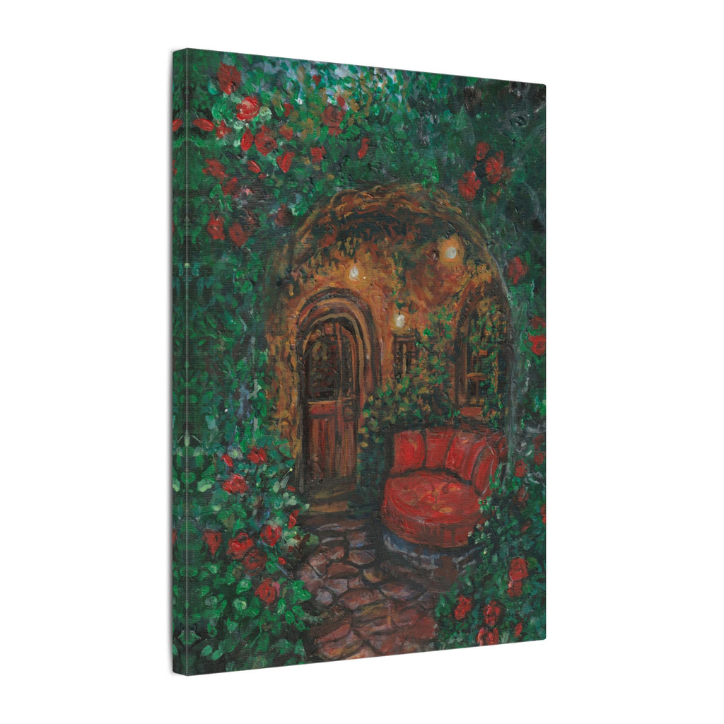 Hidden Entrance Canvas Art - Cozy Red Chair Doorway Painting Print of Original