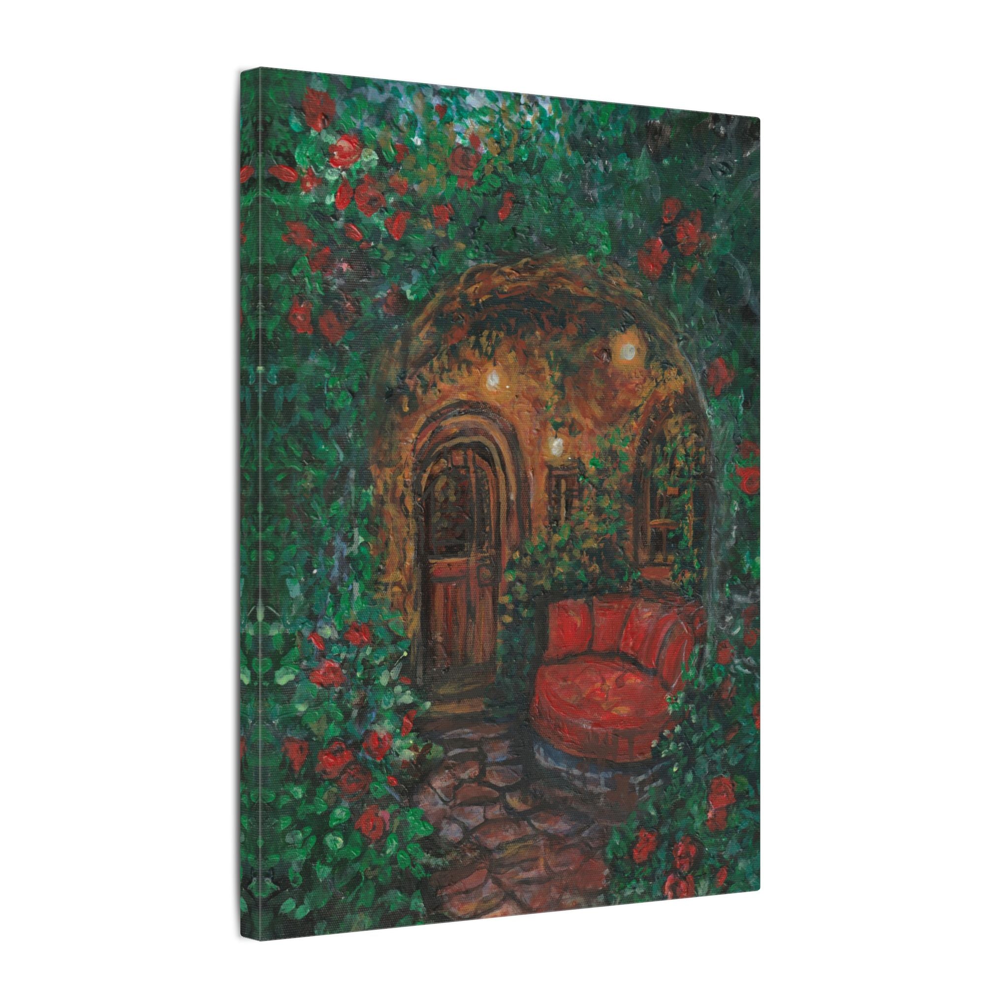 Hidden Entrance Canvas Art - Cozy Red Chair Doorway Painting Print of Original