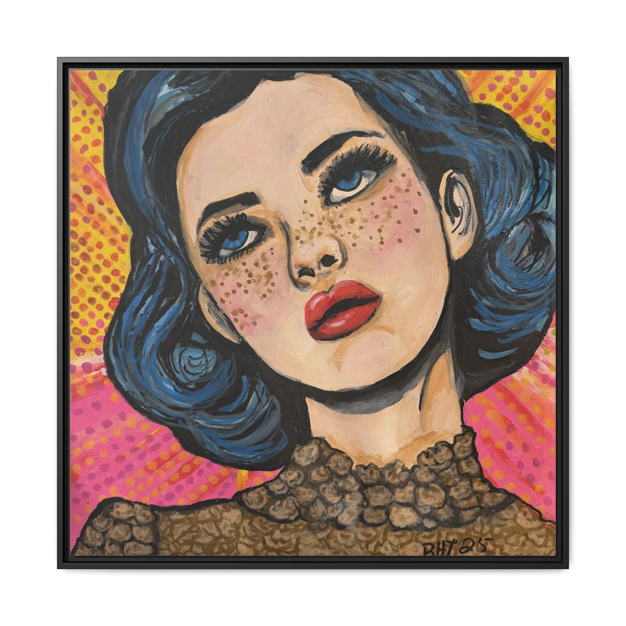 Pop Art Portrait Matte Canvas Print of Original "OMG" (Framed) — Retro Blue-Haired Woman Wall Art