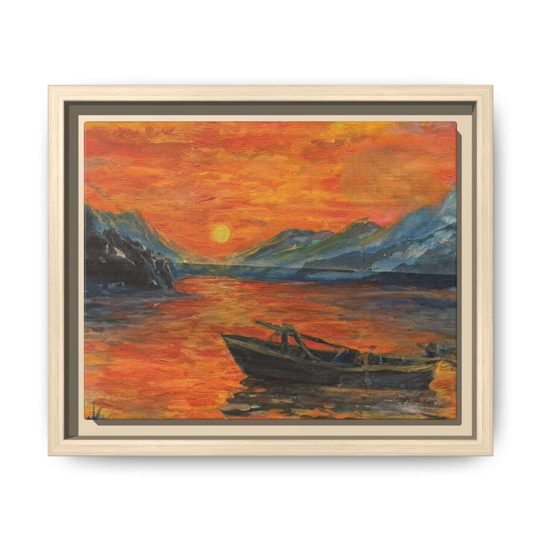 Boat on Sunset Lake Framed Canvas Print of Original — Orange Mountain Lake Wall Art