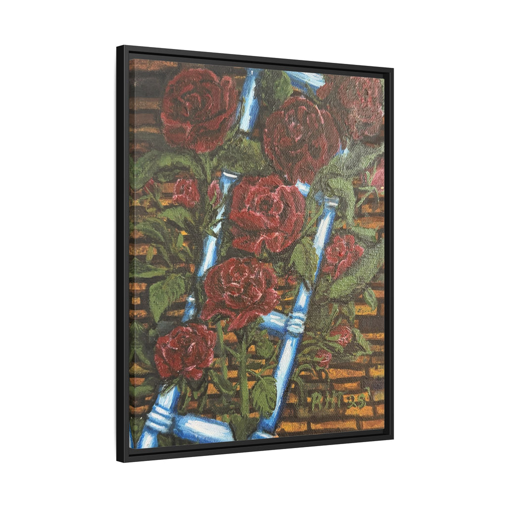 Framed Matte Canvas Art Print of Original Climbing Roses — Red Roses & Blue Ladder Floral Painting