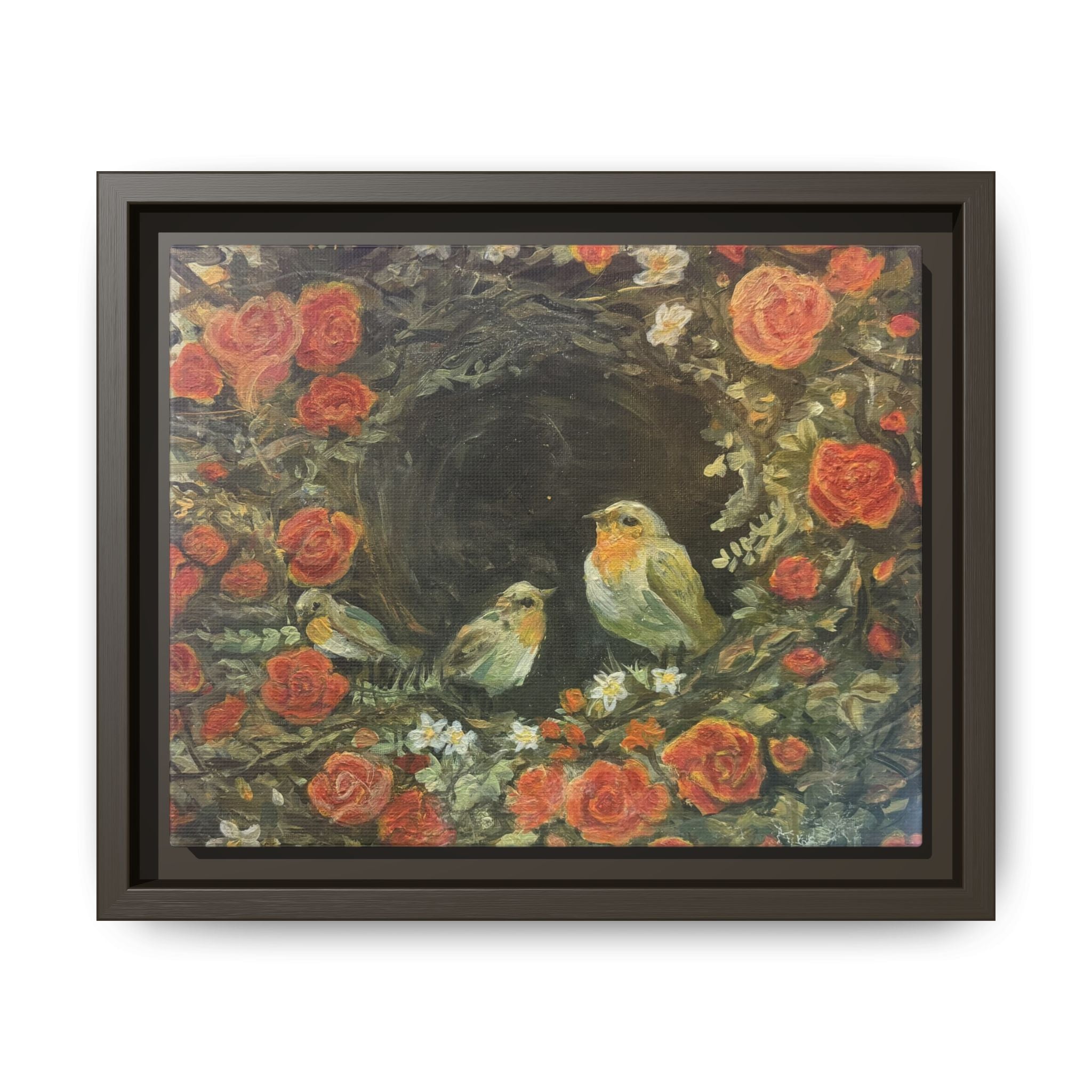 Framed Canvas Art - 'Nest of Roses' Botanical Bird Print