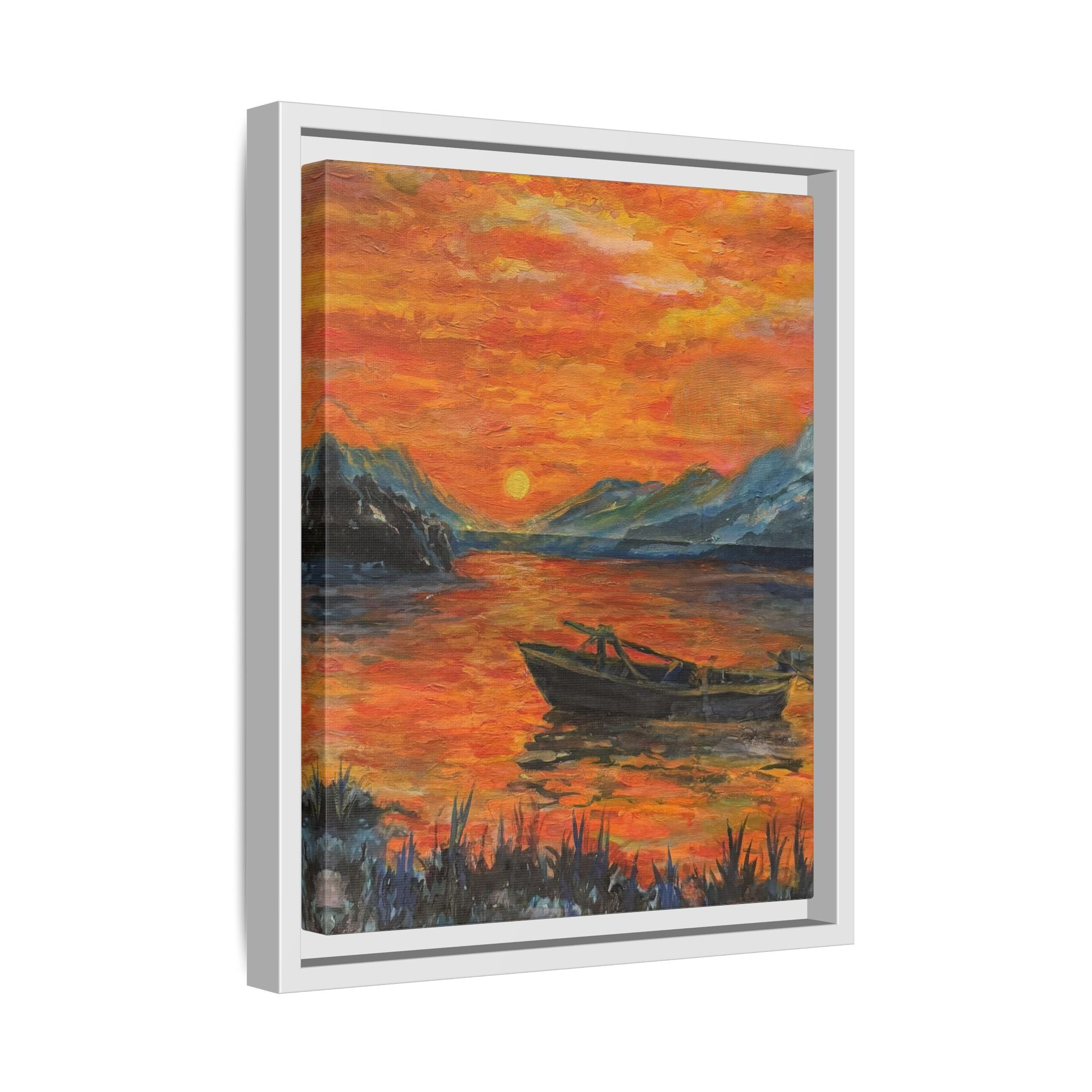 Boat on Sunset Lake Framed Canvas Print of Original — Orange Mountain Lake Wall Art