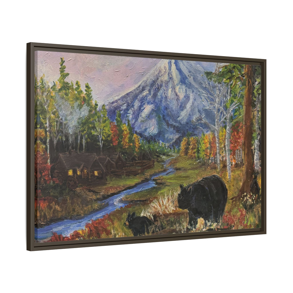 Framed Matte Canvas - Three Bear Stroll  - Mountain Stream with Bears Landscape Wall Art