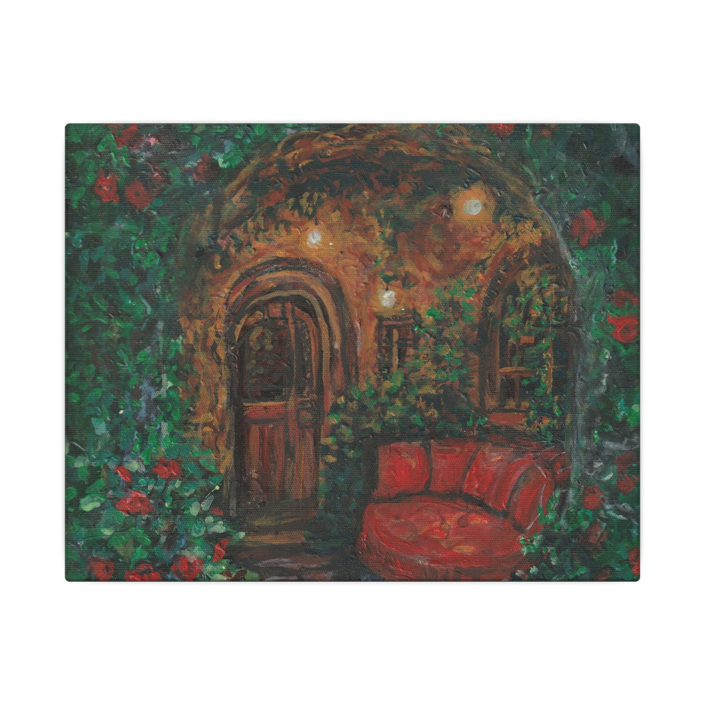 Hidden Entrance Canvas Art - Cozy Red Chair Doorway Painting Print of Original