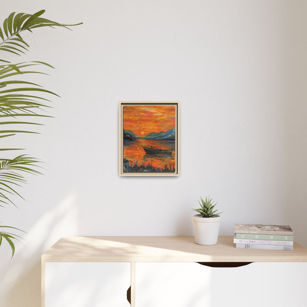 Boat on Sunset Lake Framed Canvas Print of Original — Orange Mountain Lake Wall Art