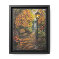 Framed Matte Canvas Art — Autumn Park Bench with Lamp Post (Cozy Fall Wall Decor)