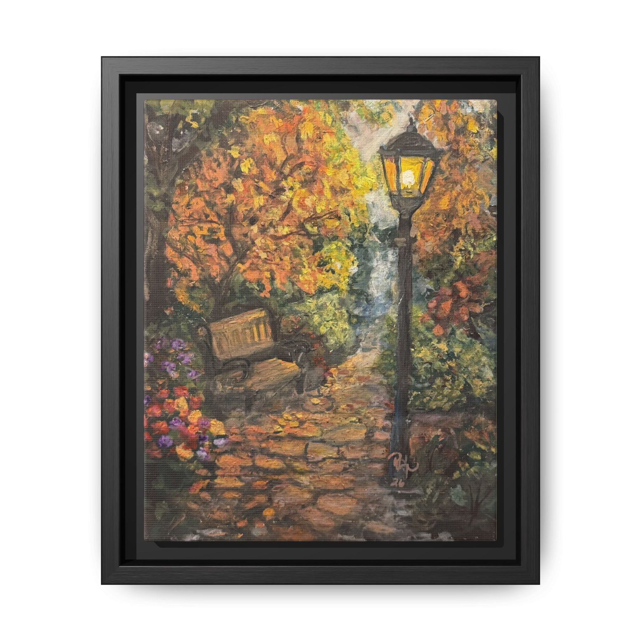Framed Matte Canvas Art — Autumn Park Bench with Lamp Post (Cozy Fall Wall Decor)
