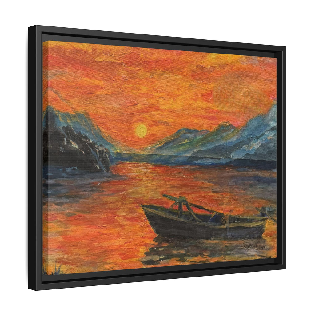 Boat on Sunset Lake Framed Canvas Print of Original — Orange Mountain Lake Wall Art