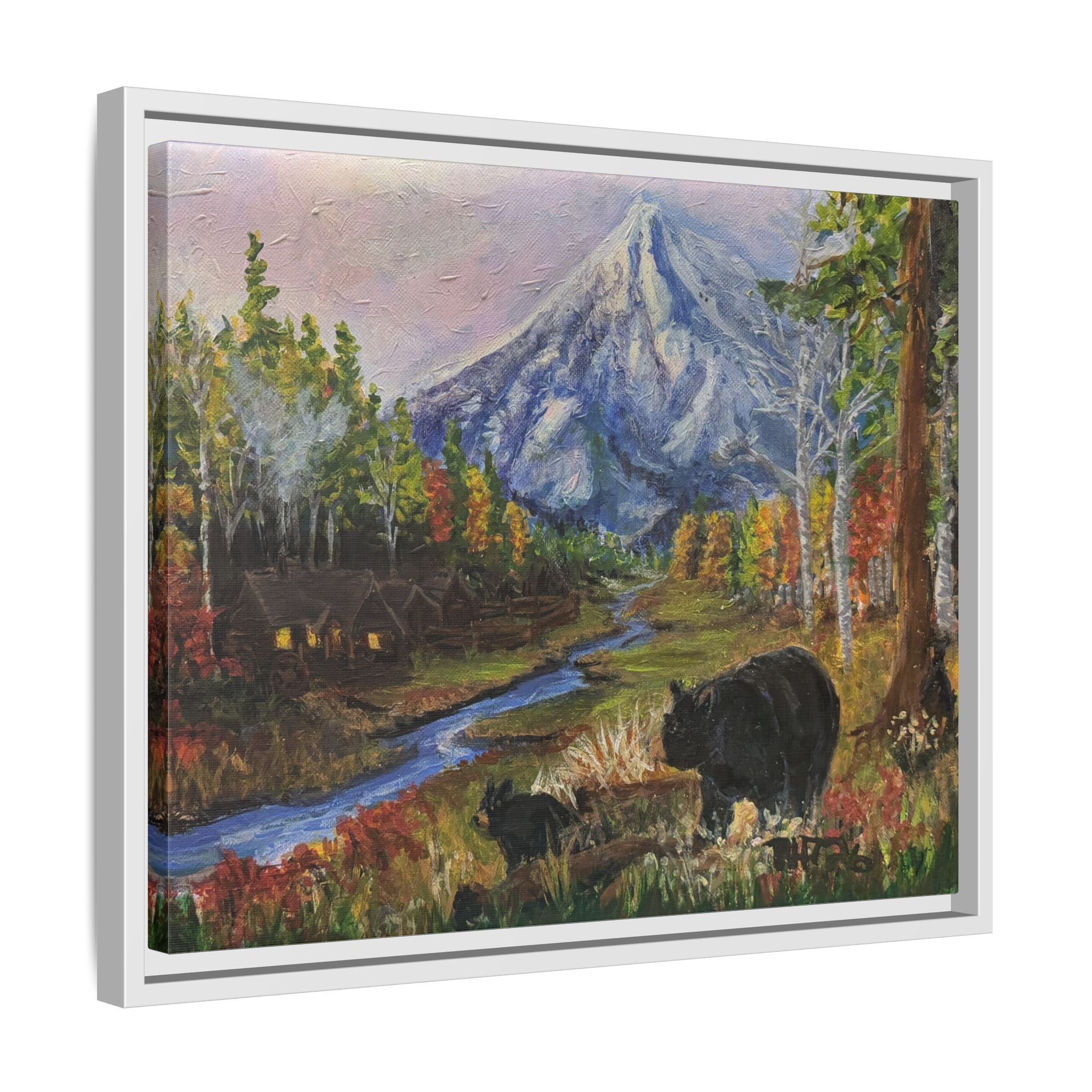 Framed Matte Canvas - Three Bear Stroll  - Mountain Stream with Bears Landscape Wall Art