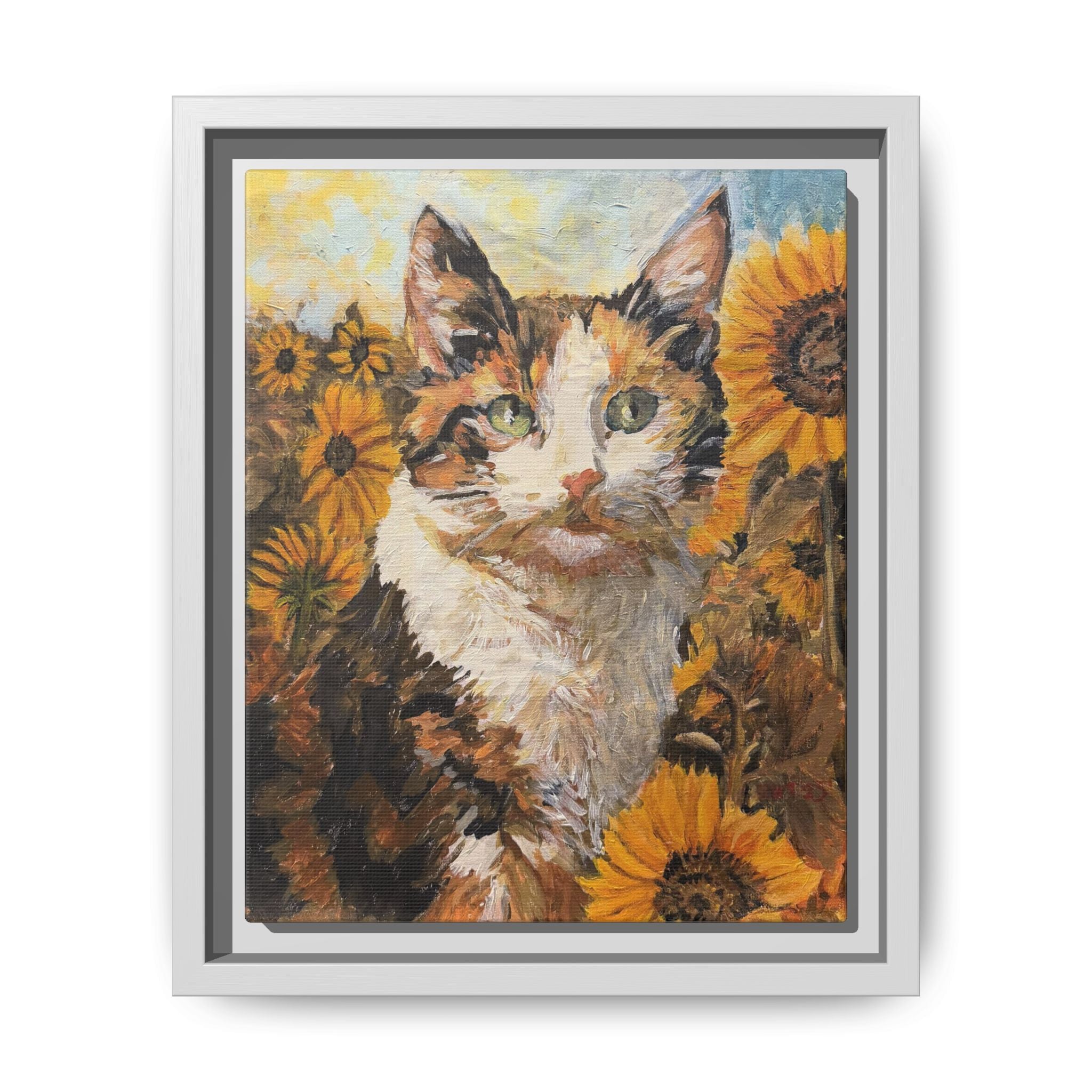 Dixie Cat in Sunflowers — Framed Matte Canvas Wall Art - Print of Original