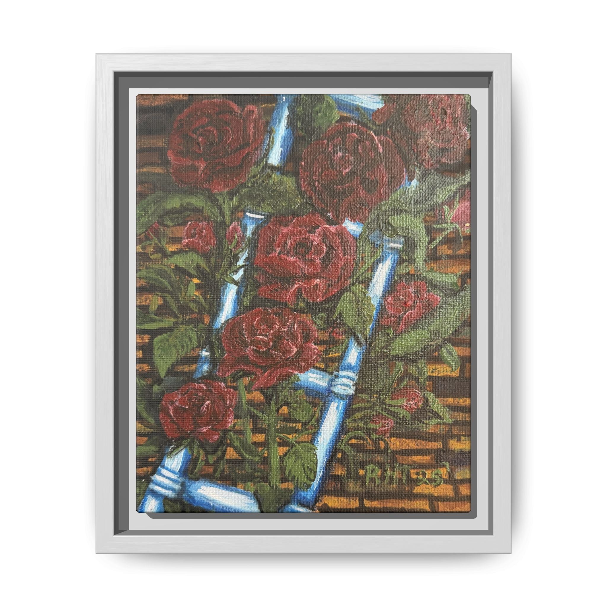 Framed Matte Canvas Art Print of Original Climbing Roses — Red Roses & Blue Ladder Floral Painting